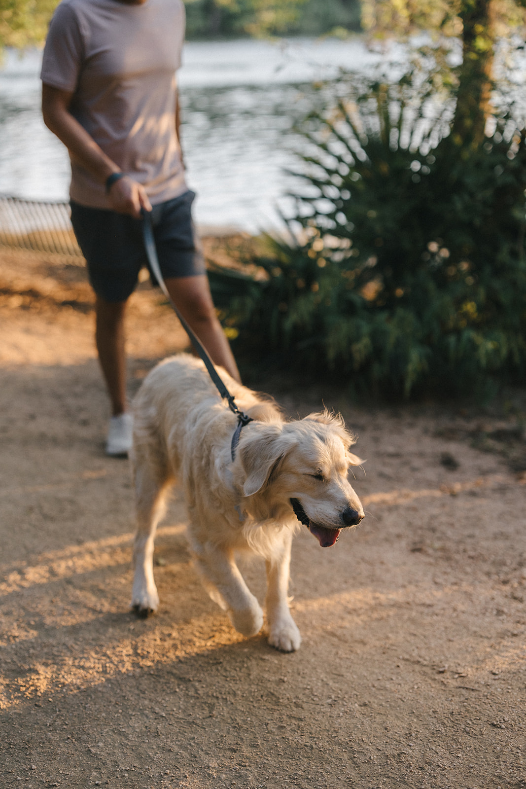Man walking a golden retriever dog along a park trail beside the water during sunset, showcasing the peaceful outdoor amenities.