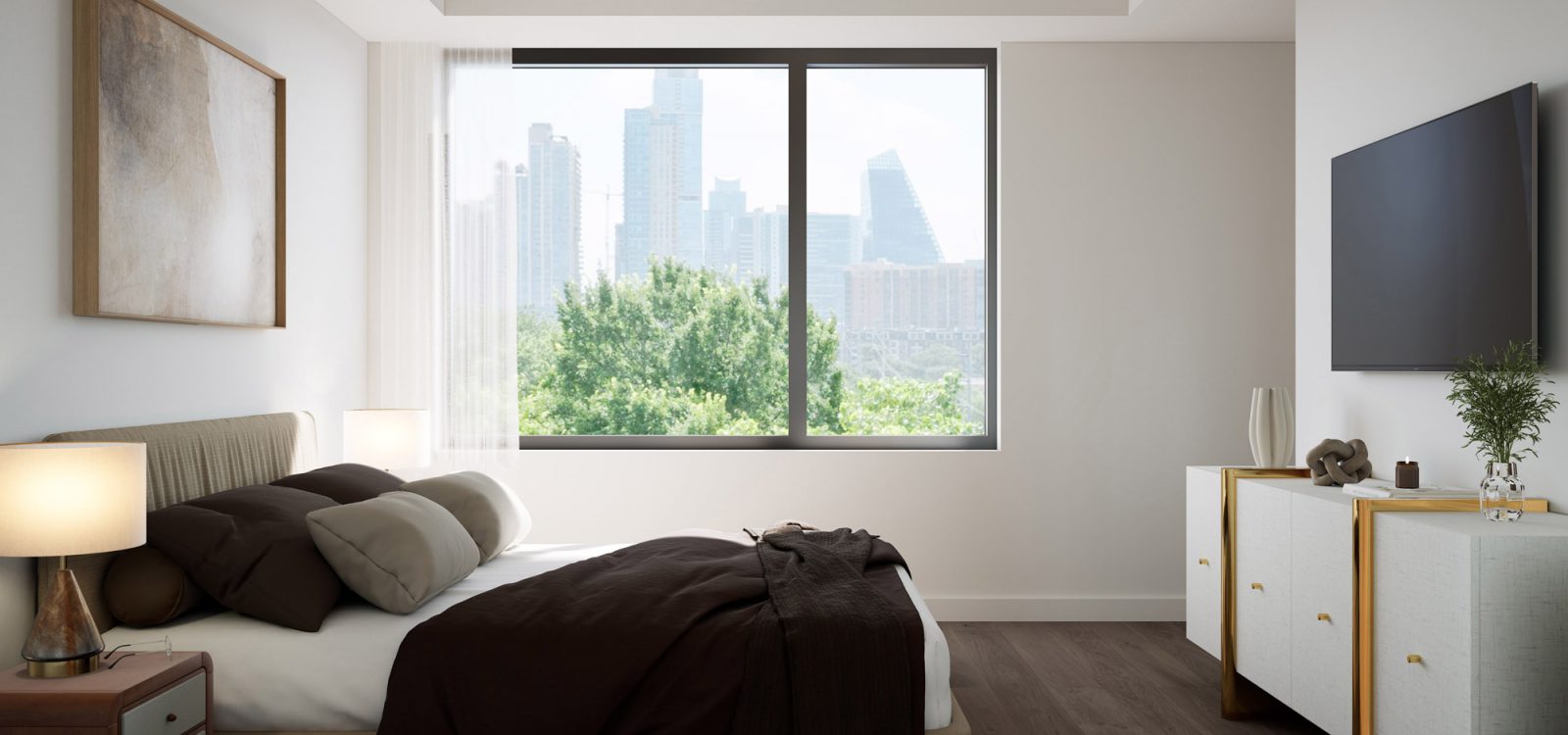 Luxurious bedroom with natural light during daytime featuring modern furniture, neutral tones, with upholstered bed with pillows and window with downtown Austin skyline views.