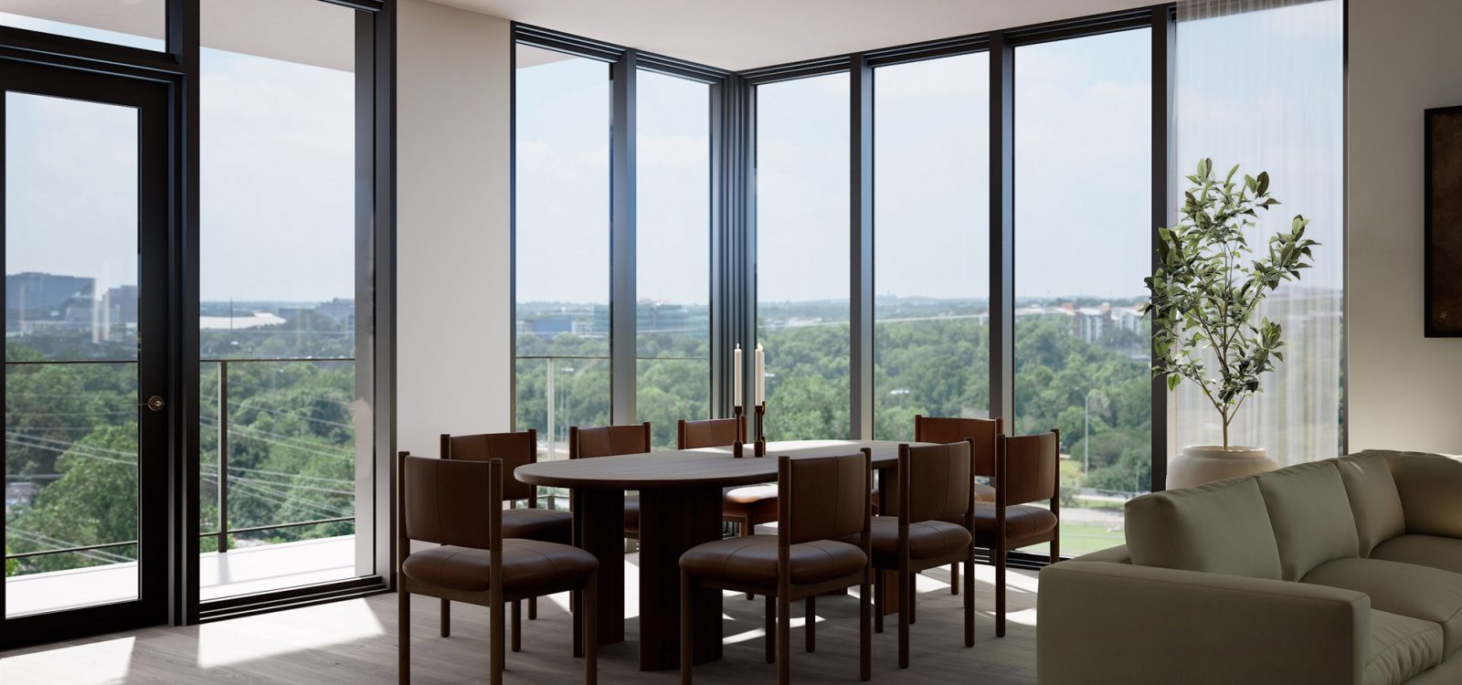 A stunning view of the Belvedere Residences, showcasing modern dining furniture with sleek, contemporary lines and large windows that offer a panoramic view.