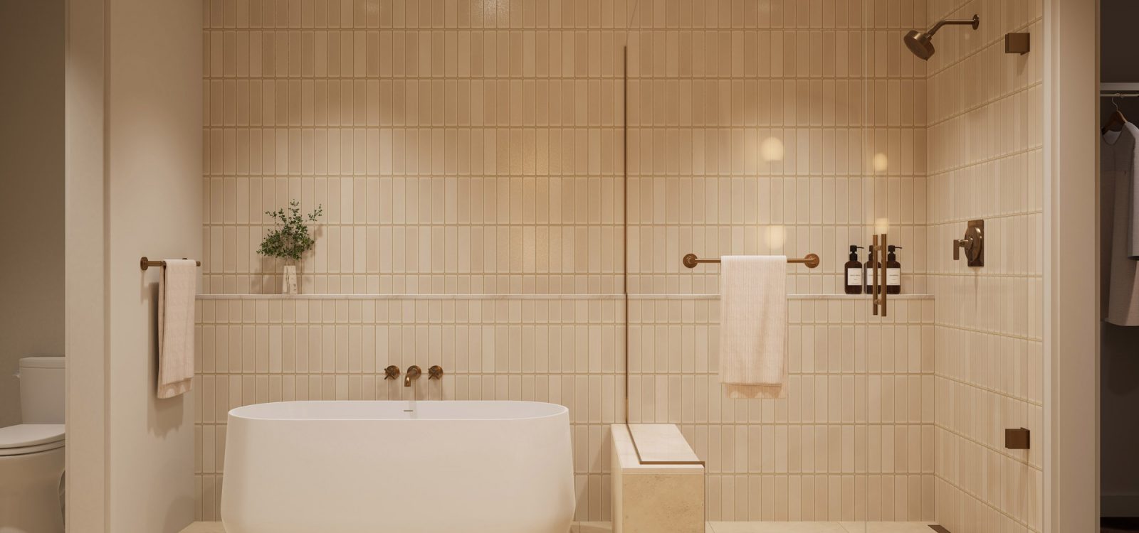 Luxurious bathroom featuring modern fixtures, neutral tones, and a spacious shower area and freestanding tub with elegant design elements.