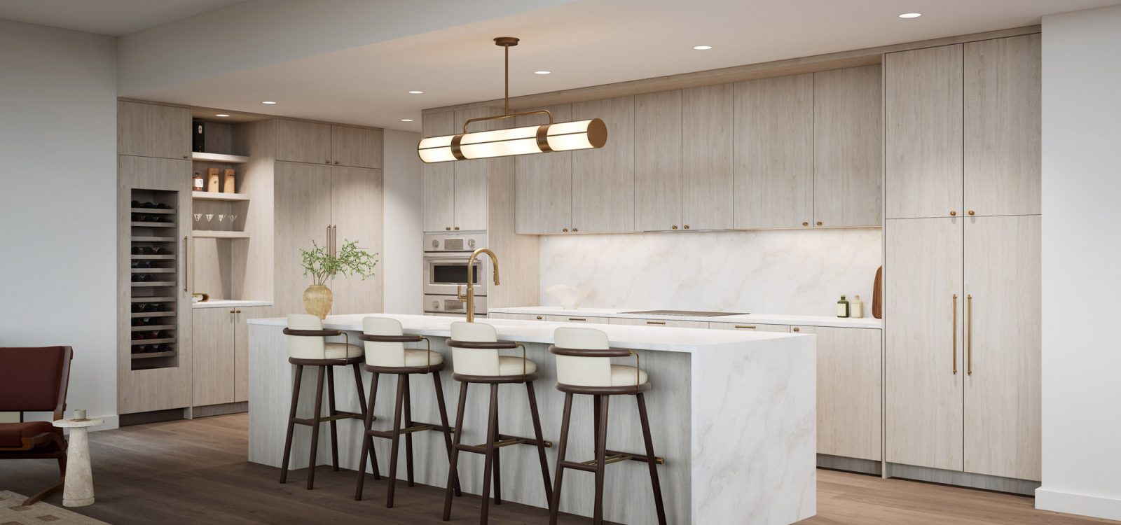 Sleek kitchen with high-end finishes, featuring a large marble countertop, modern cabinetry, and stainless steel appliances.