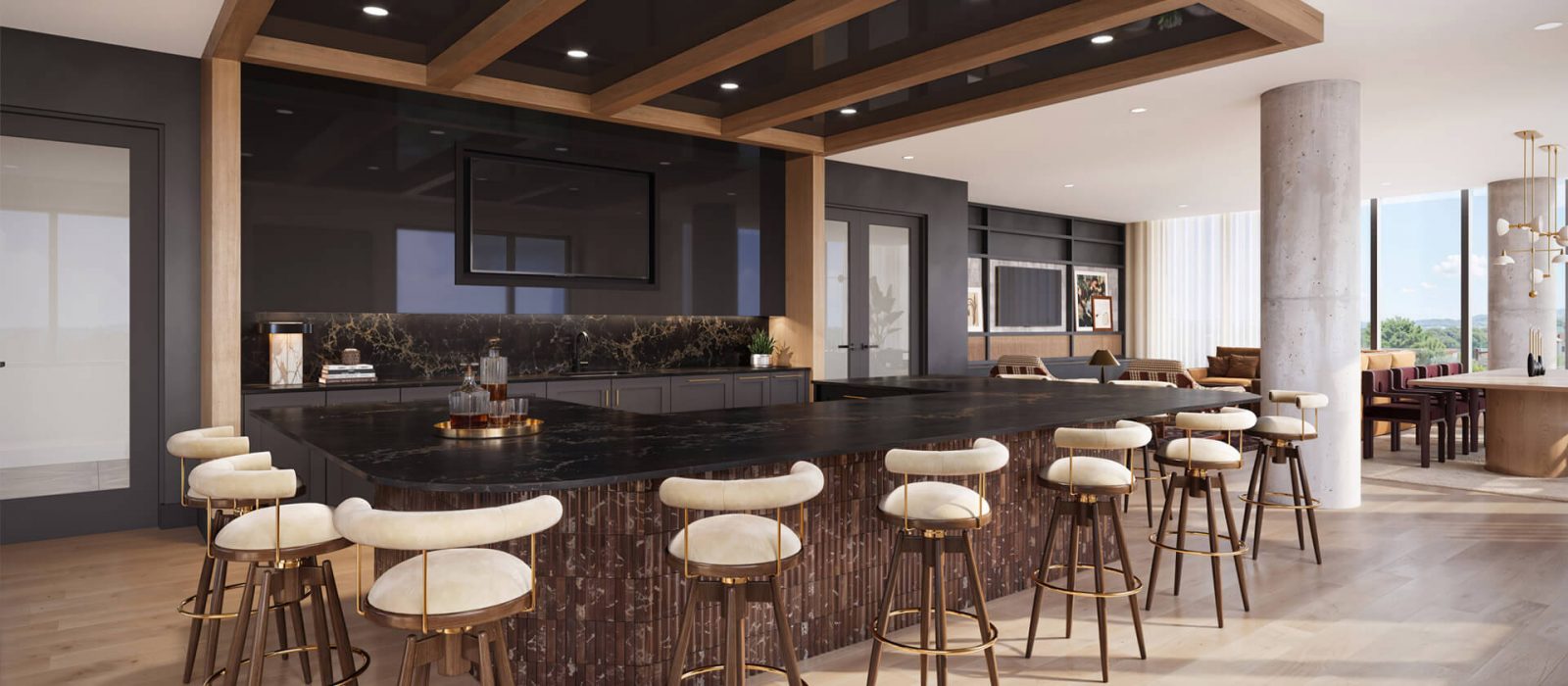 Elegant lounge area with a curved green velvet sofa, modern armchairs, decorative lighting, and a cozy ambiance, designed for relaxation and socializing.