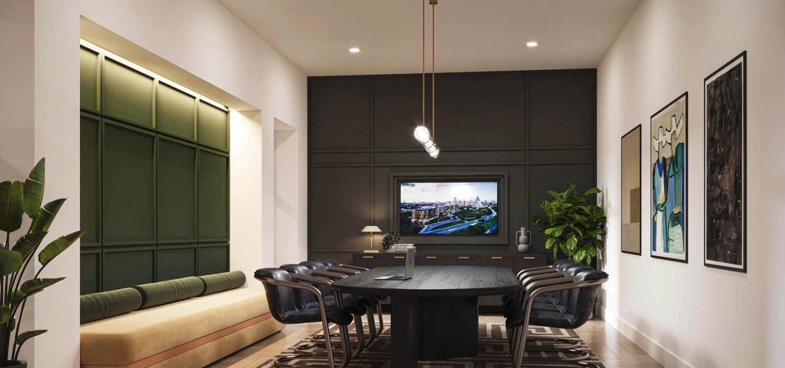 Modern conference room with a large table, sleek black chairs, green accent wall, and a television displaying a city view. Designed with contemporary style and lighting.
