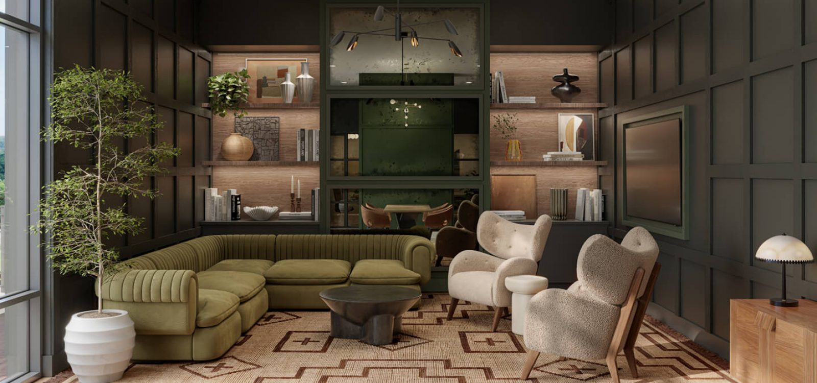 Contemporary co-working space with comfortable seating, greenery, and modern design elements. Ideal for collaboration with a relaxed atmosphere.