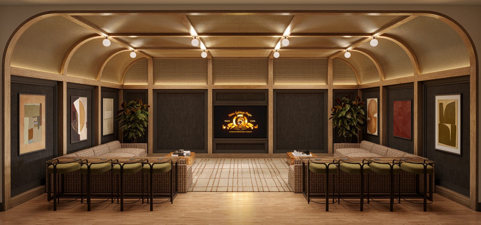 Stylish media lounge with comfortable seating, soft lighting, and large windows. A space designed for entertainment and relaxation.